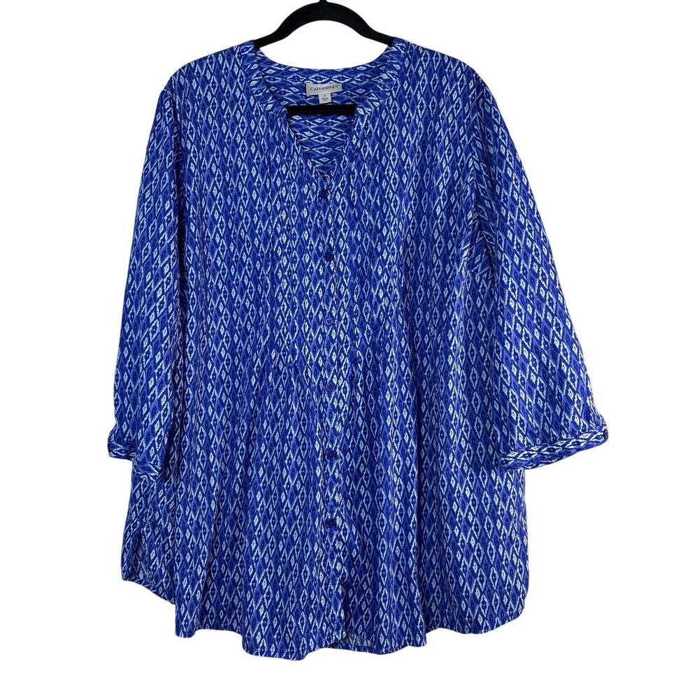 Catherines Blue Geometric Ikat Diamond Button Front Tunic Top Blouse Plus 2X